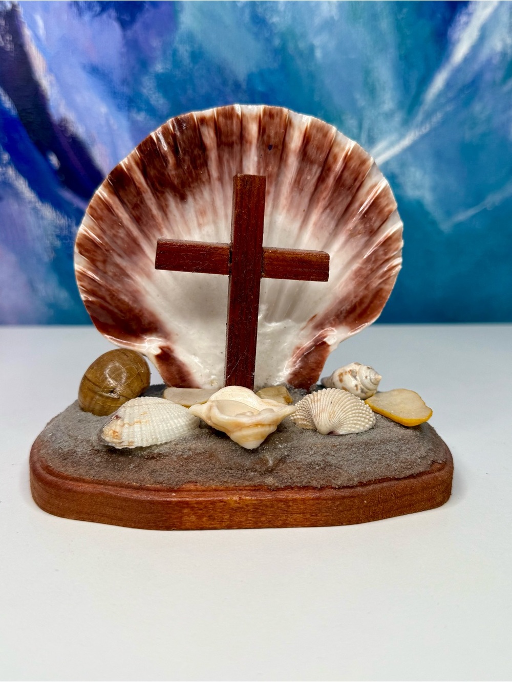 Religious Cross & Shell Sculpture Christian Crucifix Icon Vintage Beachy Kitschy
